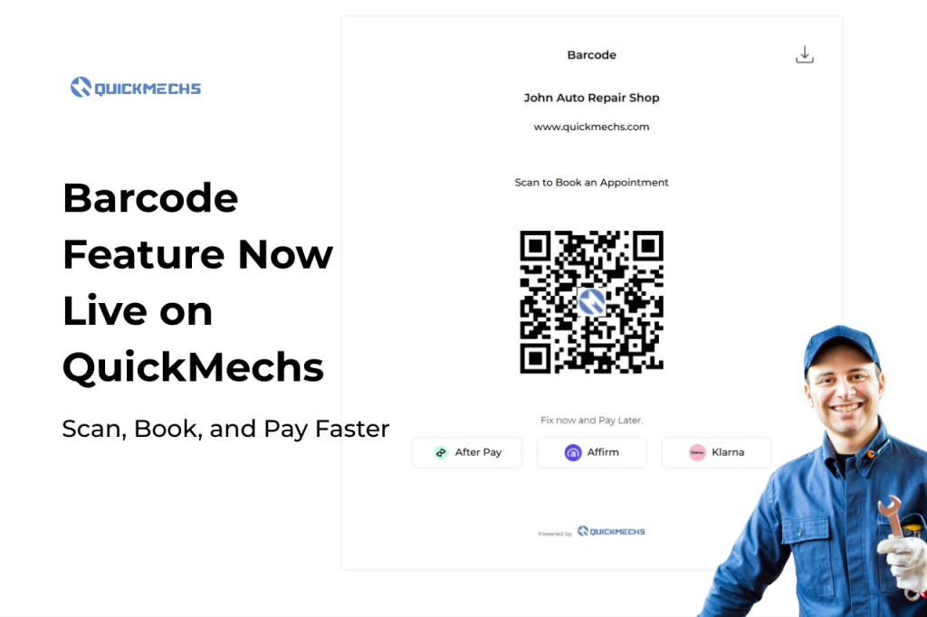 Scannable QuickMechs barcode for John Auto Repair Shop. Drivers can scan to book car repairs, access Fix Now Pay Later, and view mechanic services online.