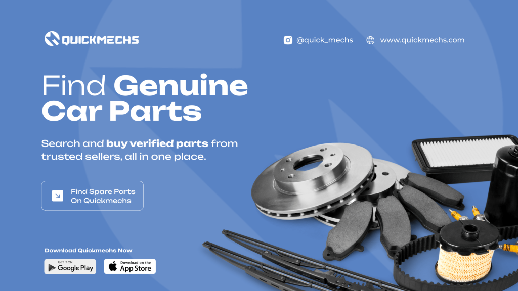 Mechanic holding genuine auto spare part beside car in repair garage, showing verified QuickMechs vendor service