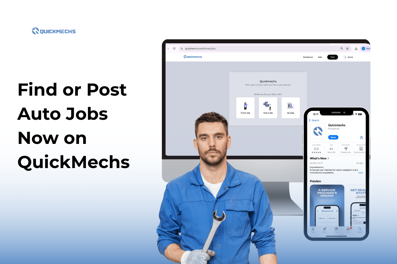 Auto job board interface showing QuickMechs platform with job listings and mechanic profiles