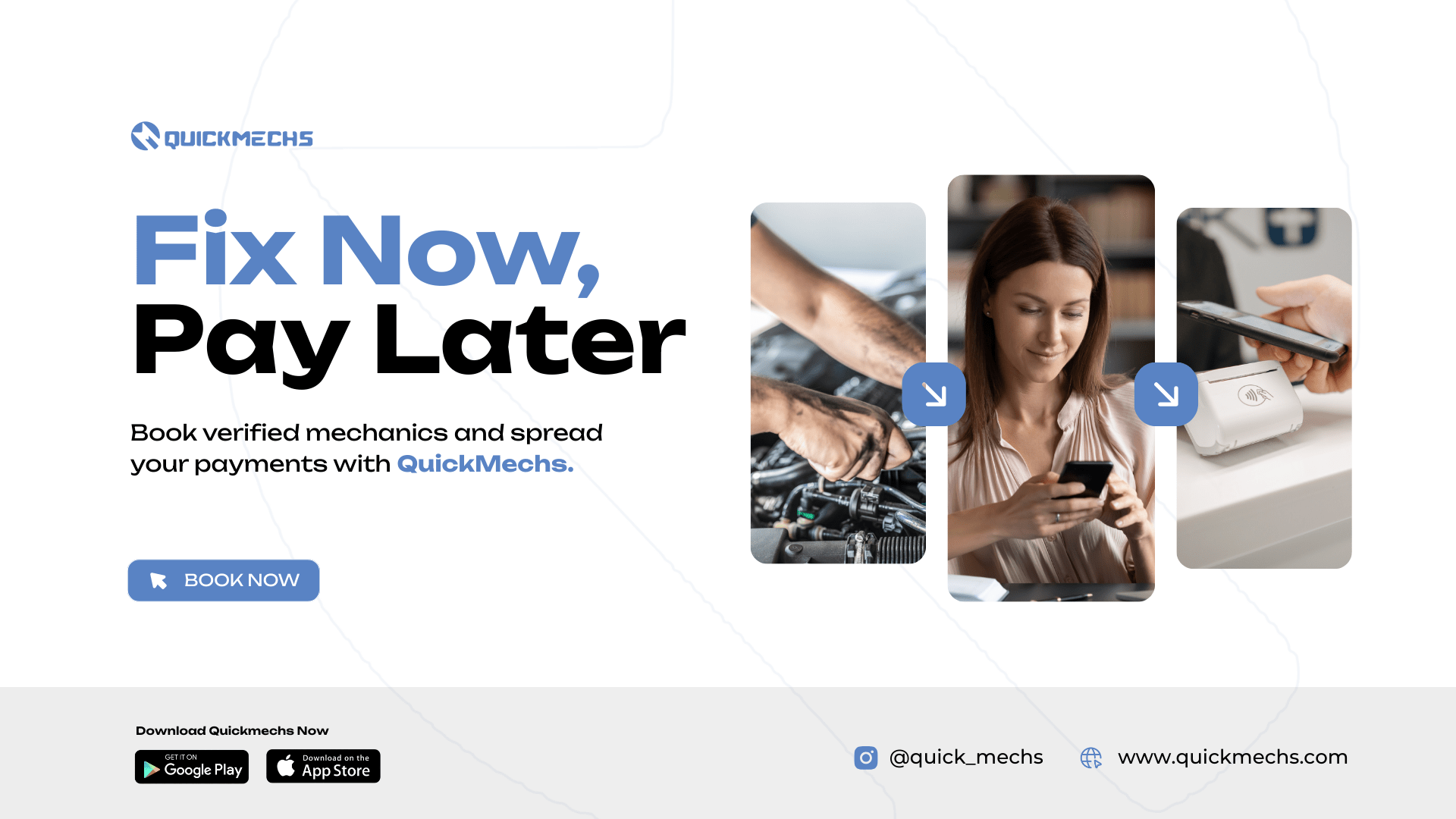 Mechanic repairing a car with QuickMechs Fix Now Pay Later auto repair financing, showing at least $400 approval guarantee.