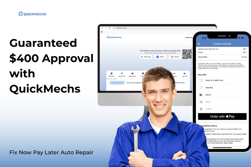 Mechanic repairing a car with QuickMechs Fix Now Pay Later auto repair financing, showing at least $400 approval guarantee.