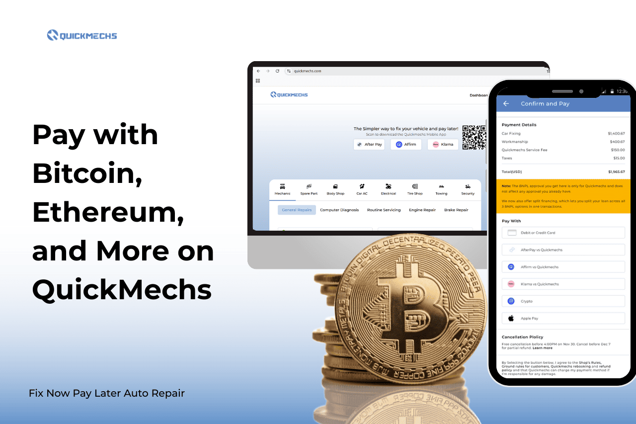 Driver paying for car repair with Bitcoin using QuickMechs crypto payments feature