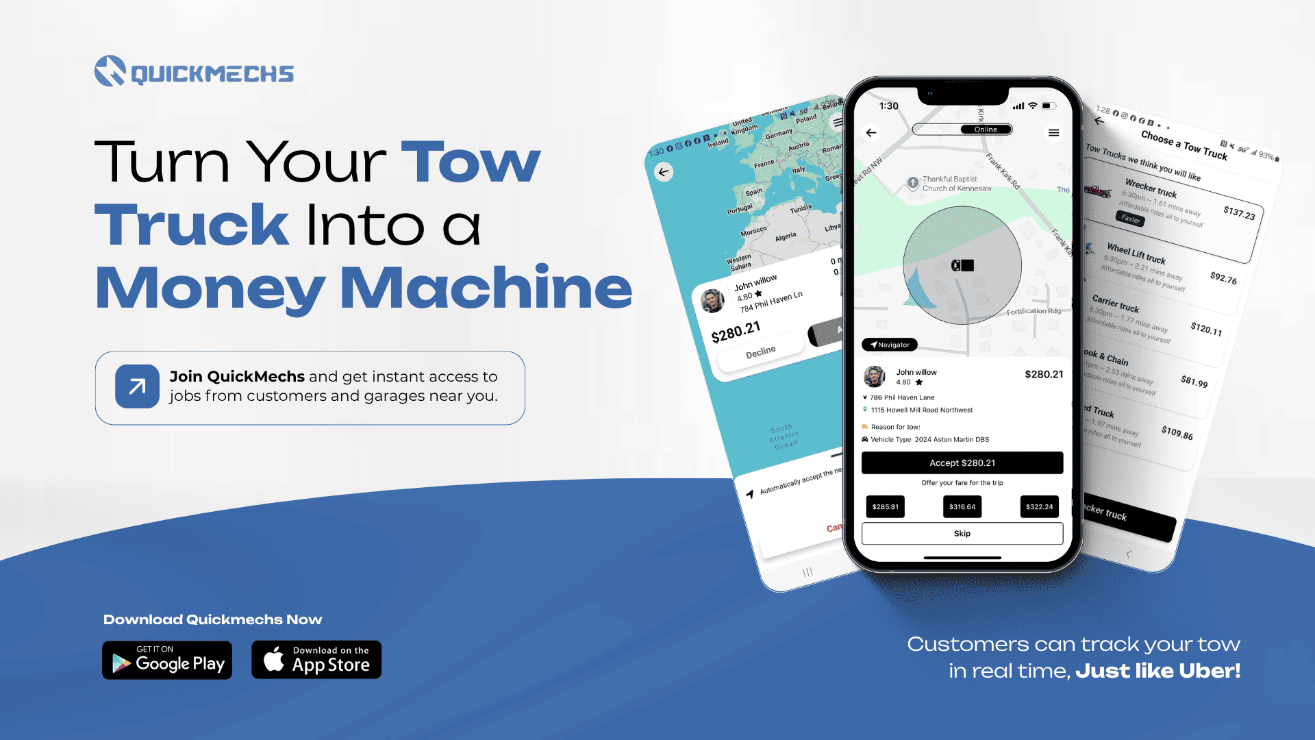 Tow truck driver using QuickMechs app to get more tow jobs