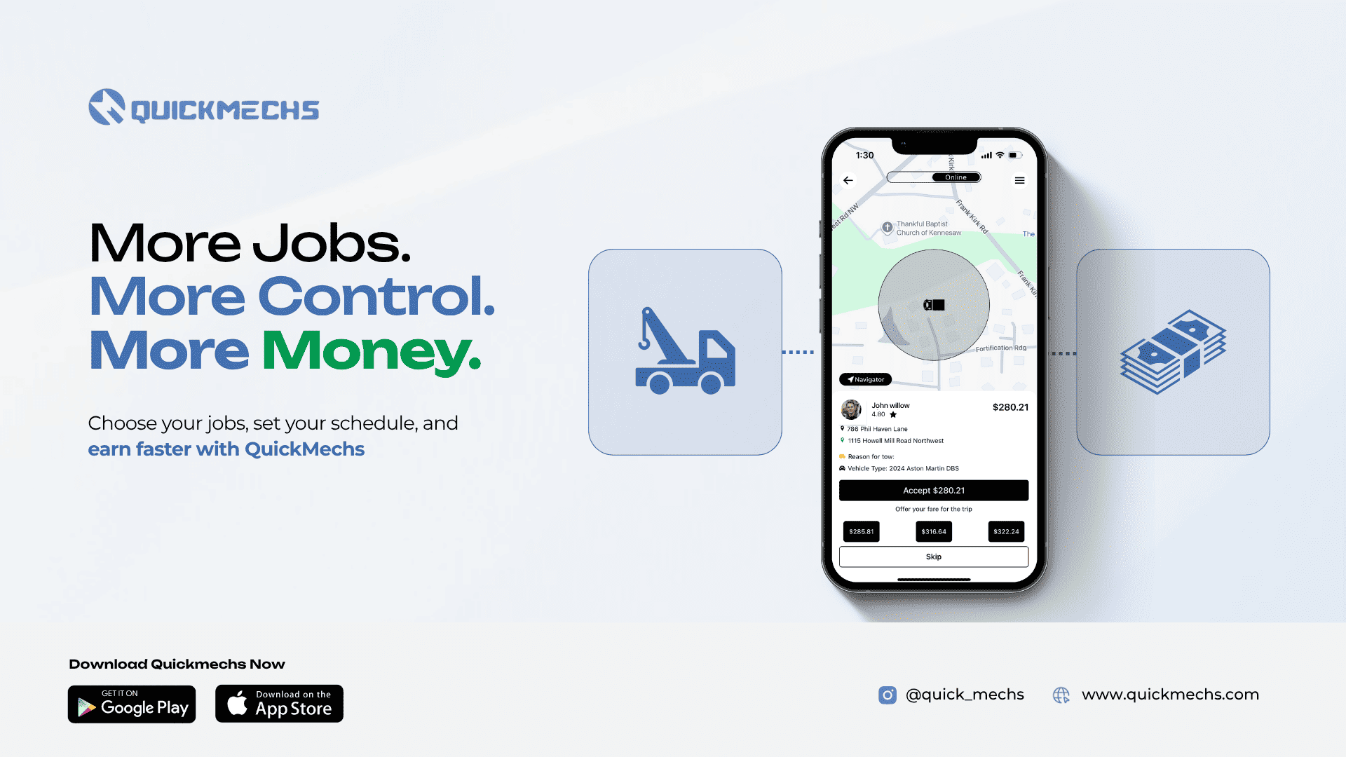 Tow truck driver using QuickMechs app to get instant tow jobs