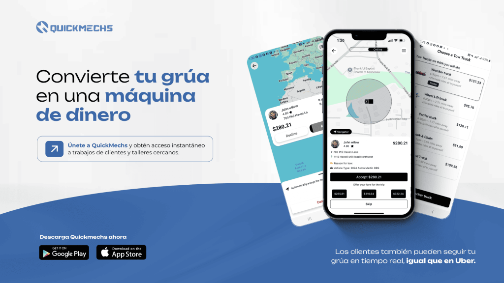 “Tow truck driver using QuickMechs app to get instant tow jobs
