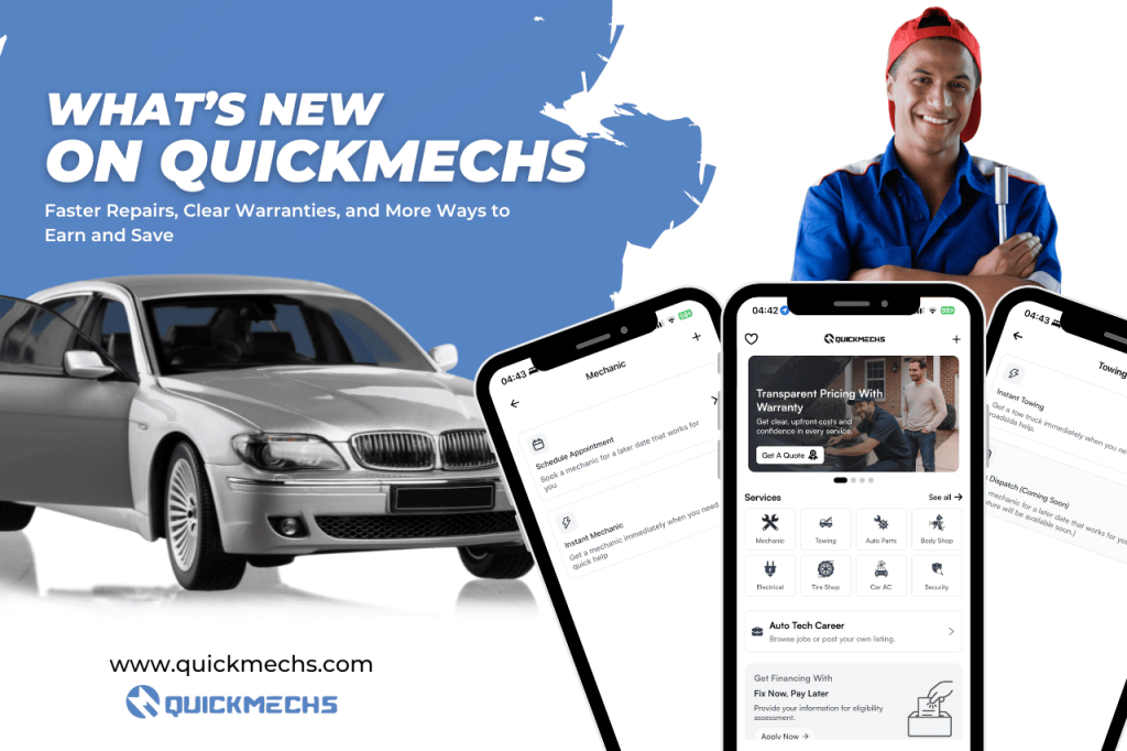 Mechanic and car owner using the QuickMechs app to view upfront auto repair quotes and instant mechanic jobs