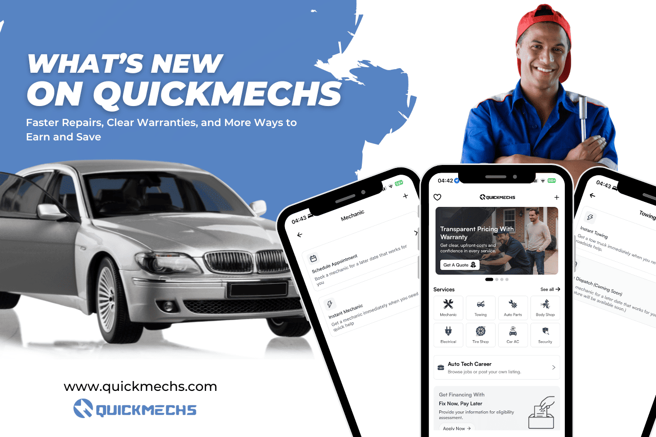 Mechanic and car owner using the QuickMechs app to view upfront auto repair quotes and instant mechanic jobs