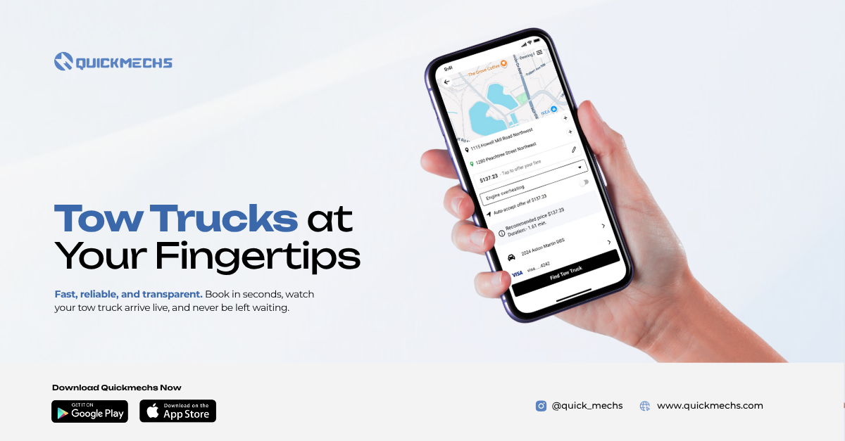 QuickMechs mobile app showing live tow truck booking and real-time tracking on a smartphone.