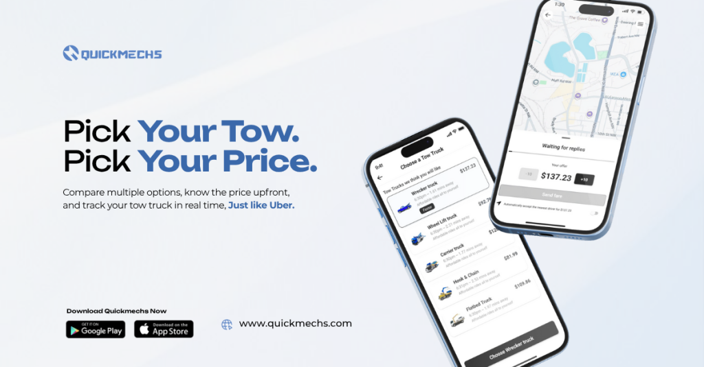 QuickMechs app displaying multiple tow truck options with upfront pricing for users to choose from
