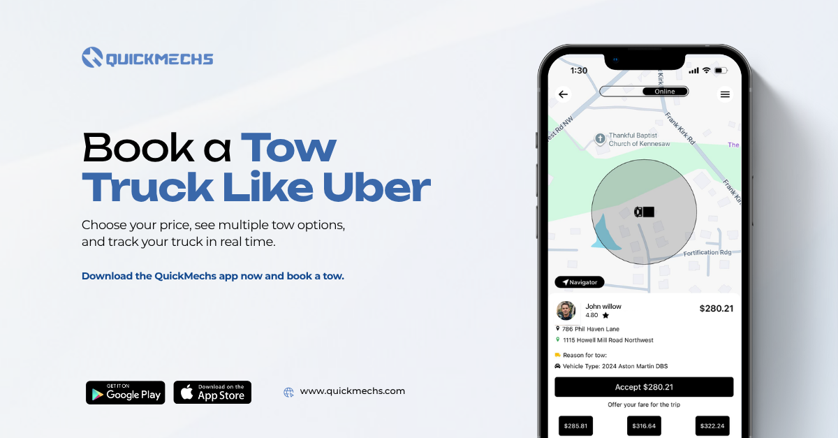 Booking an emergency tow truck on the QuickMechs app for instant roadside assistance