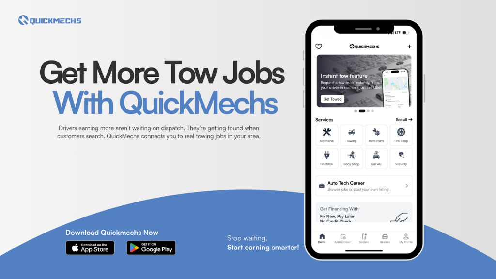 QuickMechs promotional banner showing a smartphone with the app interface and the headline “Get More Tow Jobs With QuickMechs,” encouraging tow truck drivers to connect with customers and earn more jobs.