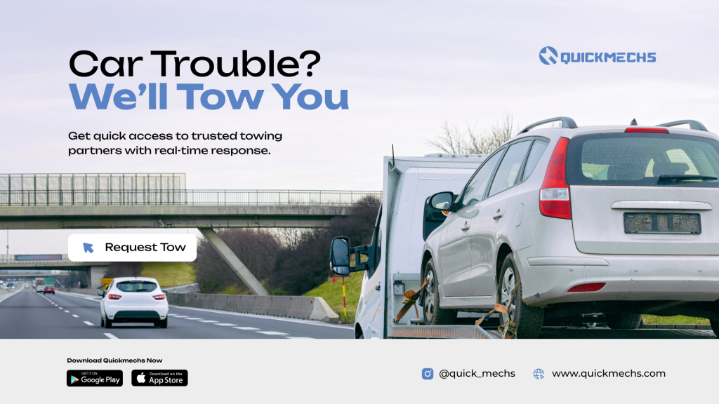 QuickMechs towing service banner displayed on a laptop screen, showing a car being loaded onto a tow truck with the headline “Car Trouble? We’ll Tow You” and a request tow button.