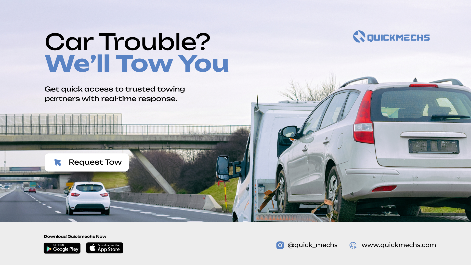 QuickMechs towing service banner displayed on a laptop screen, showing a car being loaded onto a tow truck with the headline “Car Trouble? We’ll Tow You” and a request tow button.