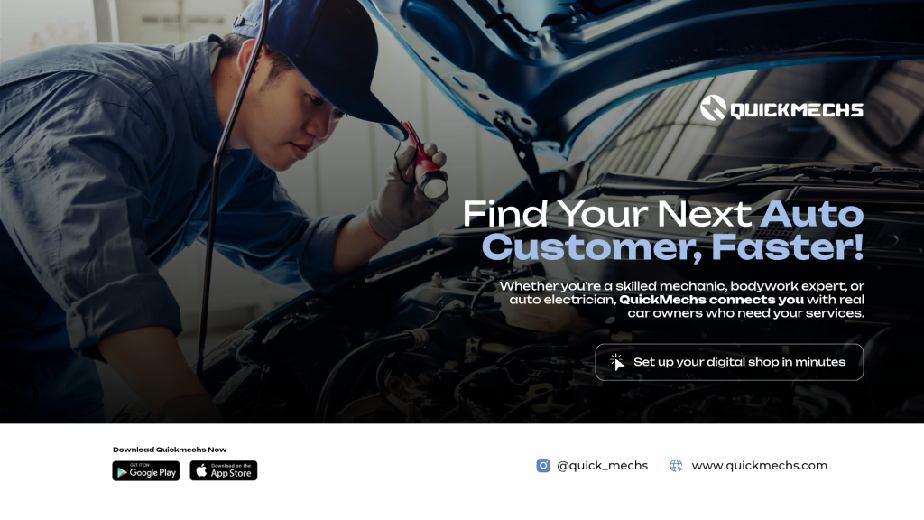 Mechanic inspecting a car engine with a flashlight while working under the hood, alongside a QuickMechs banner promoting how mechanics can find more auto customers faster through the platform.