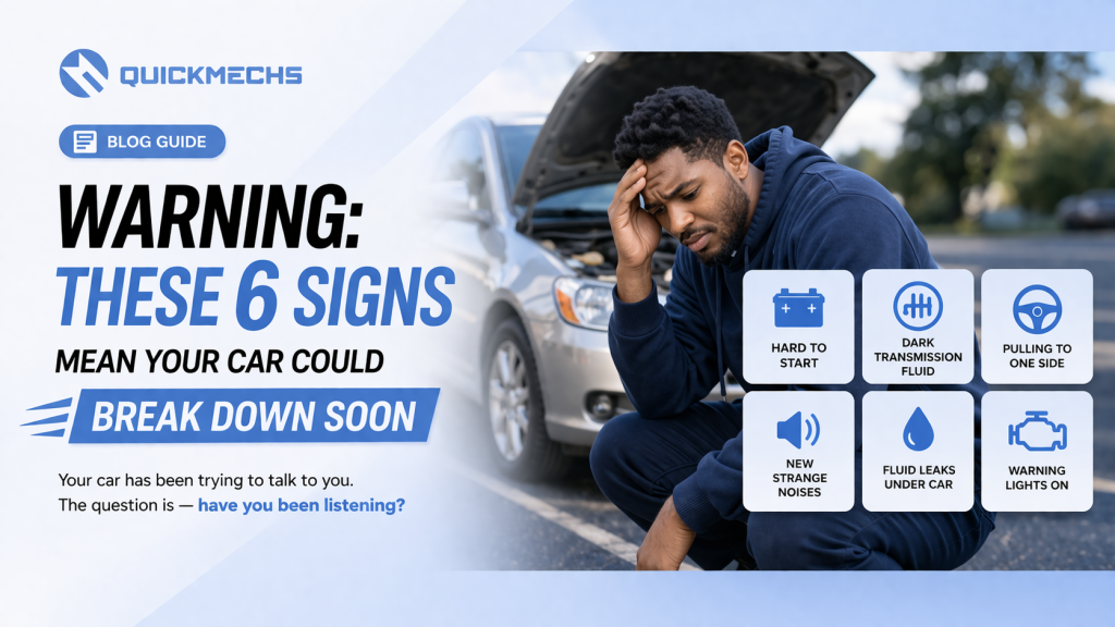 Worried driver sitting beside a broken-down car with hood open, highlighting six warning signs your car may break down soon