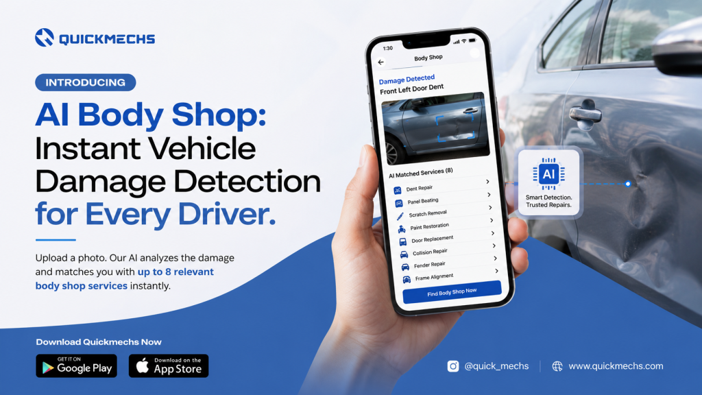 QuickMechs AI Body Shop feature showing AI-powered vehicle damage detection and instant body shop service recommendations from a photo.